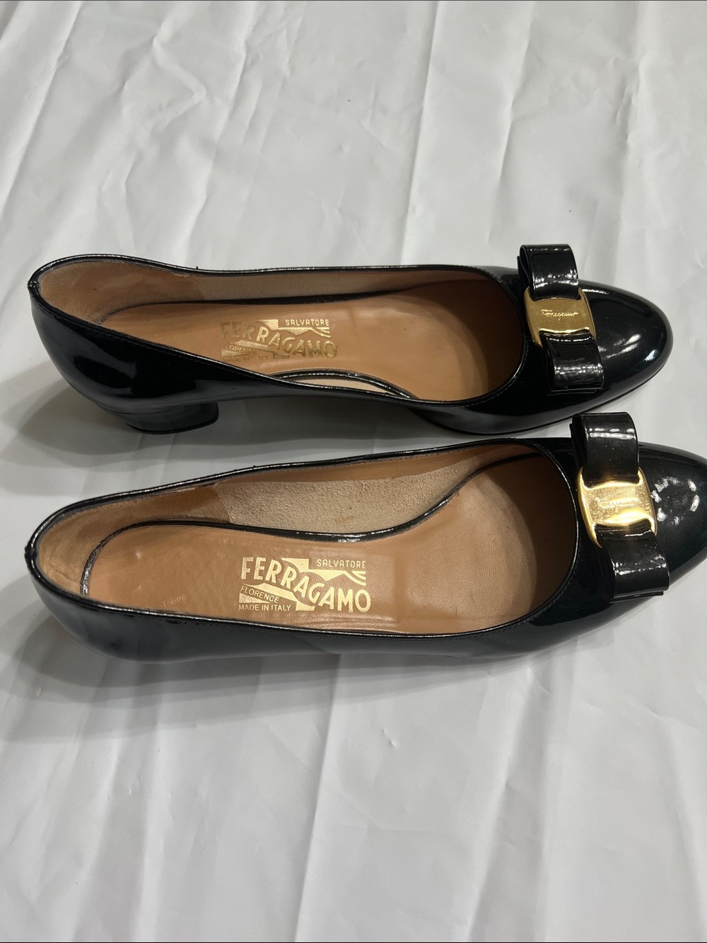 Salvatore Ferragamo Black Patent Leather Vara Bow Flats with Gold Buckle